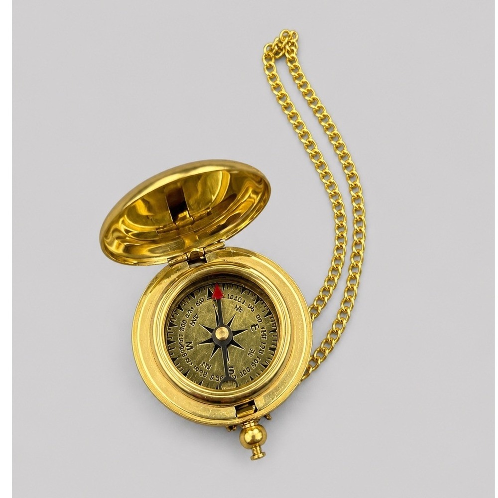 Vintage Brass Pocket Compass Hunter Case Flip Top Gold Tone Chain Navigation
